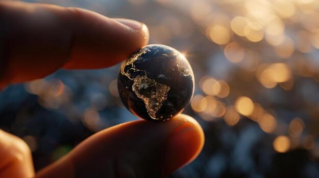 AI generated Holding little planet Earth in by fingers. Business and the environment. Environmental Conservation. The fragility of life. photo