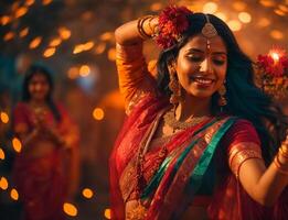 ai generado hermosa indio niña bailando foto