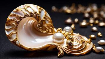 AI generated Beautiful shell with pearls on a dark background photo