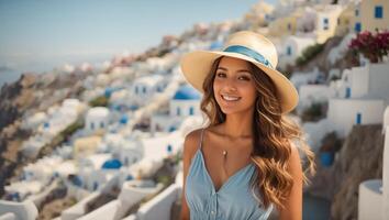 AI generated Portrait of a beautiful girl in a hat and sundress against the backdrop of Greece photo