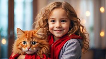 AI generated Little girl with cute cat at home portrait photo