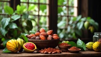 AI generated Ripe cocoa fruits in the kitchen photo