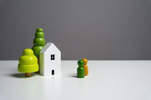 Wooden figures of houses and people. Buying and selling real estate. Housing prices. Finding the best home to buy. photo