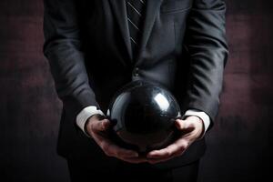 AI generated Businessman holding a black weight ball. Unpaid debts. Obligations under the terms of the contract. Guilt and psychological dependence. Meekness and timidity. photo