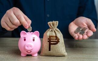 ahorros gestión. cerdo cerdito banco y filipino peso dinero bolsa. bancos y finanzas. ahorros y acumulación de fondos desde corte gastos. inversiones, recaudación de fondos foto