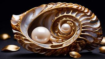 AI generated Beautiful shell with pearls on a dark background photo