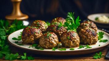 AI generated Delicious appetizing meatballs on the table photo