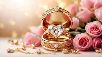 ai generado hermosa oro anillo con diamante en el forma de un corazón, flores foto