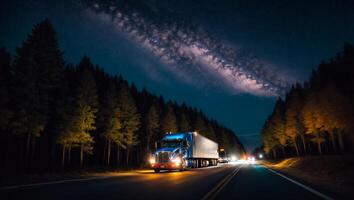 ai generado moderno camión conducción en el la carretera a noche en verano foto