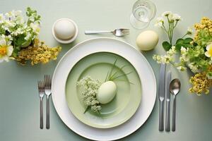 AI generated Easter setting table top view. Empty dishes with Eggs and Cutlery on pastel background. Easter celebration concept with close-up spring flowers and table photo