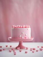 AI generated Pink Cake with Heart on round stand with minimalist background. Simple greeting card and invitation with Love for Valentines Day. Spring weddings and birthdays template with copy space. photo
