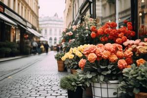 AI generated Flower shops in European style. Street Bouquets of roses tulips in large baskets stand in shop in front of building. A beautiful spring floral picture on bricket with copy space. photo
