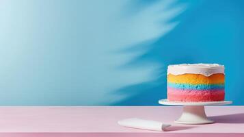 AI generated Multi-colored cake with layers on plate and window shadow. The sponge Pastry is decorated multicolored cream with blue background with copy space. Happy Pride month photo