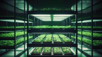 AI generated Vertical farming greenhouse. Macro and micro business of plants. Microgreens grow under LED lights. Indoor racks full of greens vertically. Eco products, healthy eating and super food photo