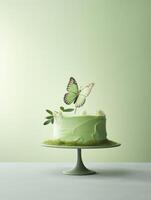 AI generated Minimalist luxury green style. Homemade sweets Viridis Cake on round plate with sugar figures of Butterflies. Spring holidays, weddings, birthdays greeting card photo