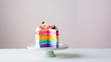 AI generated Round Cake multi-colored cut Layers on plain background. Baked goods on stand on table. Pie decorated with cream and fresh flowers roses. Template for holidays birthday with empty space photo