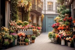 AI generated Narrow bystreet with flower shop. Street blossom markers in European style. Bouquets of roses tulips in baskets stand in front of building. Spring floral picture on blurred copy space. photo