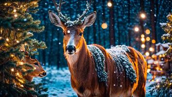 AI generated cute deer in the winter forest photo