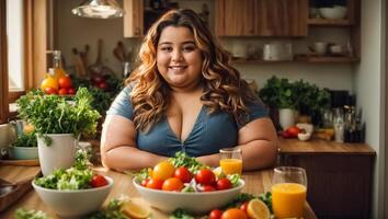 ai generado muy grasa mujer en el cocina con verduras, peso pérdida concepto foto