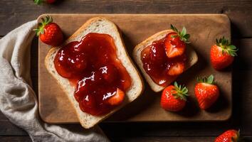 AI generated Delicious  bread with strawberry jam on the table seasonal photo