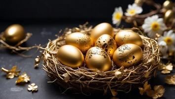 AI generated Beautiful golden Easter eggs on an old dark background photo