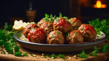 ai generado delicioso apetitoso albóndigas en tomate salsa en el mesa foto