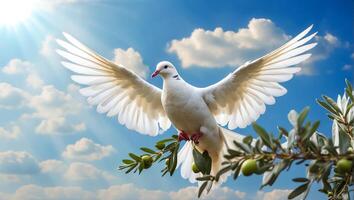 AI generated White dove against the sky with clouds, branch photo