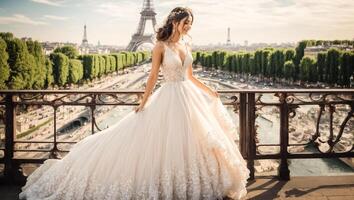 AI generated Beautiful bride in a white dress against the backdrop of the Eiffel Tower photo
