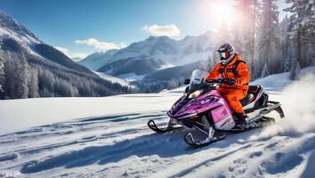 AI generated Racers ride a snowmobile in a winter suit in a beautiful magnificent snowy forest, mountains photo