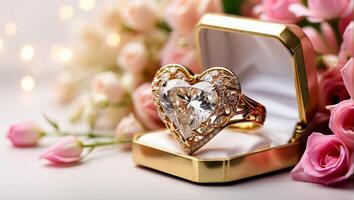 ai generado hermosa oro anillo con diamante en el forma de un corazón, flores foto