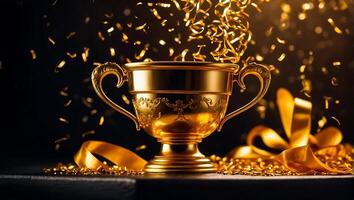 AI generated Golden winner cup on dark background photo