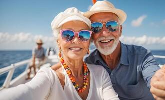 AI generated Portrait of happy elderly people on vacation at sea photo