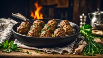 AI generated Delicious appetizing meatballs in a frying pan in the kitchen photo