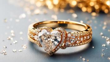 ai generado hermosa oro anillo con un diamante en el forma de un corazón foto