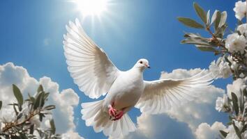 AI generated White dove against the sky with clouds, branch photo