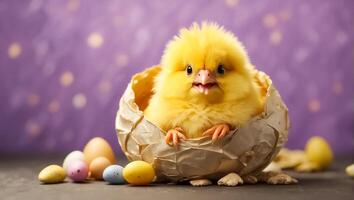 AI generated Cute fluffy shell chicken on color background photo