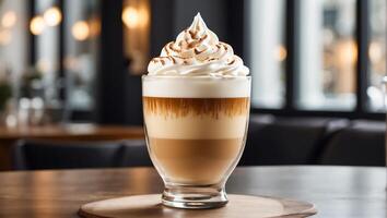 AI generated Beautiful latte coffee with whipped cream in a glass in a cafe photo