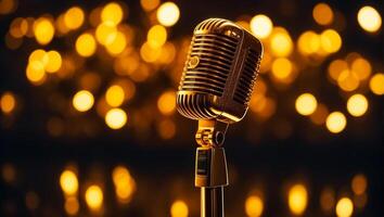 AI generated Beautiful golden microphone on a dark background photo