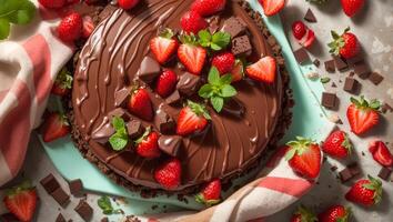 Delicious chocolate cake with strawberries photo