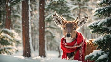 AI generated cute deer in the winter forest photo