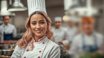 AI generated Happy woman cook in restaurant kitchen photo