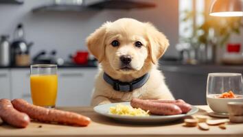 ai generado linda perro sentado en el cocina a el mesa foto