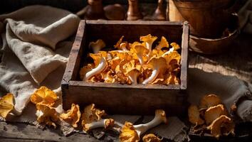 AI generated Raw Chanterelle Mushrooms on the old background photo