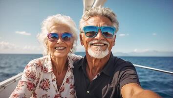 AI generated Portrait of happy elderly people on vacation at sea photo