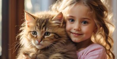 AI generated Little girl with cute cat at home portrait photo