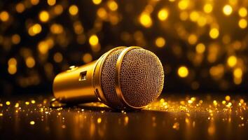 AI generated Beautiful golden microphone on a dark background photo