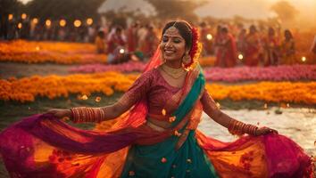 ai generado hermosa indio niña bailando foto
