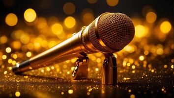 AI generated Beautiful golden microphone on a dark background photo