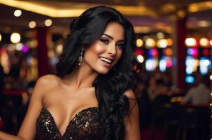 ai generado hermosa niña en un casino foto