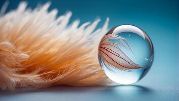 Beautiful feather, drop of water, color background photo